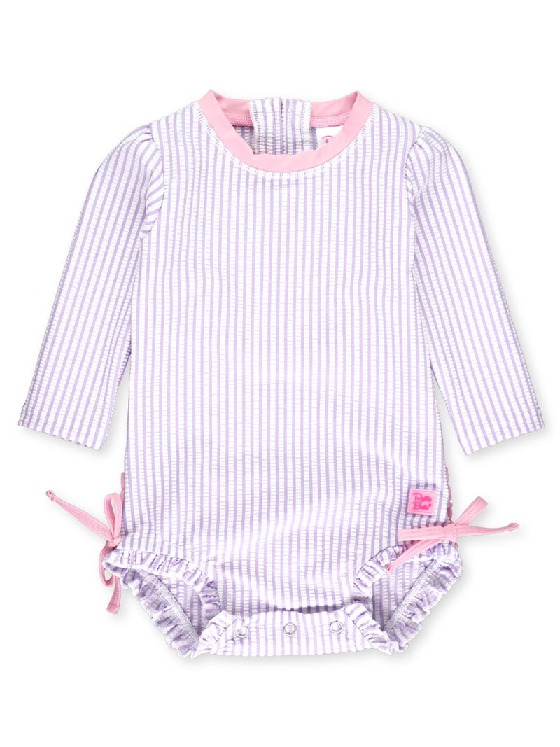 RuffleButts BabyGirls Seersucker Long Sleeve Rash Guard One Piece Swimsuit UPF 50 Toddler - Image 2