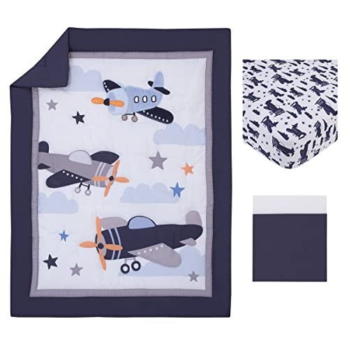 NoJo Little Love by NoJo Soar High Little One Navy, Light Blue, Orange, and White Airplanes, Clouds, and Stars 3 Piece Nursery Crib Bedding Set - Comforter, Fitted Crib Sheet and Crib Skirt - Image 5