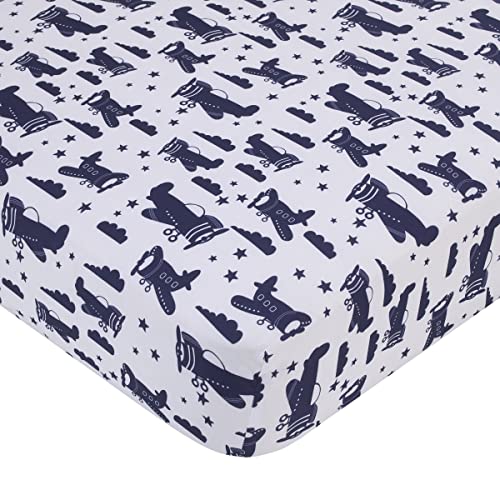 NoJo Little Love by NoJo Soar High Little One Navy, Light Blue, Orange, and White Airplanes, Clouds, and Stars 3 Piece Nursery Crib Bedding Set - Comforter, Fitted Crib Sheet and Crib Skirt - Image 3