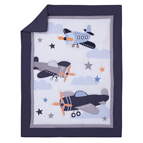 NoJo Little Love by NoJo Soar High Little One Navy, Light Blue, Orange, and White Airplanes, Clouds, and Stars 3 Piece Nursery Crib Bedding Set - Comforter, Fitted Crib Sheet and Crib Skirt - Image 2