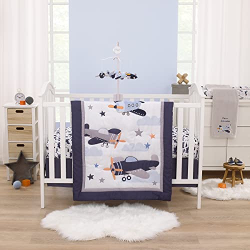 NoJo Little Love by NoJo Soar High Little One Navy, Light Blue, Orange, and White Airplanes, Clouds, and Stars 3 Piece Nursery Crib Bedding Set - Comforter, Fitted Crib Sheet and Crib Skirt - Image 1