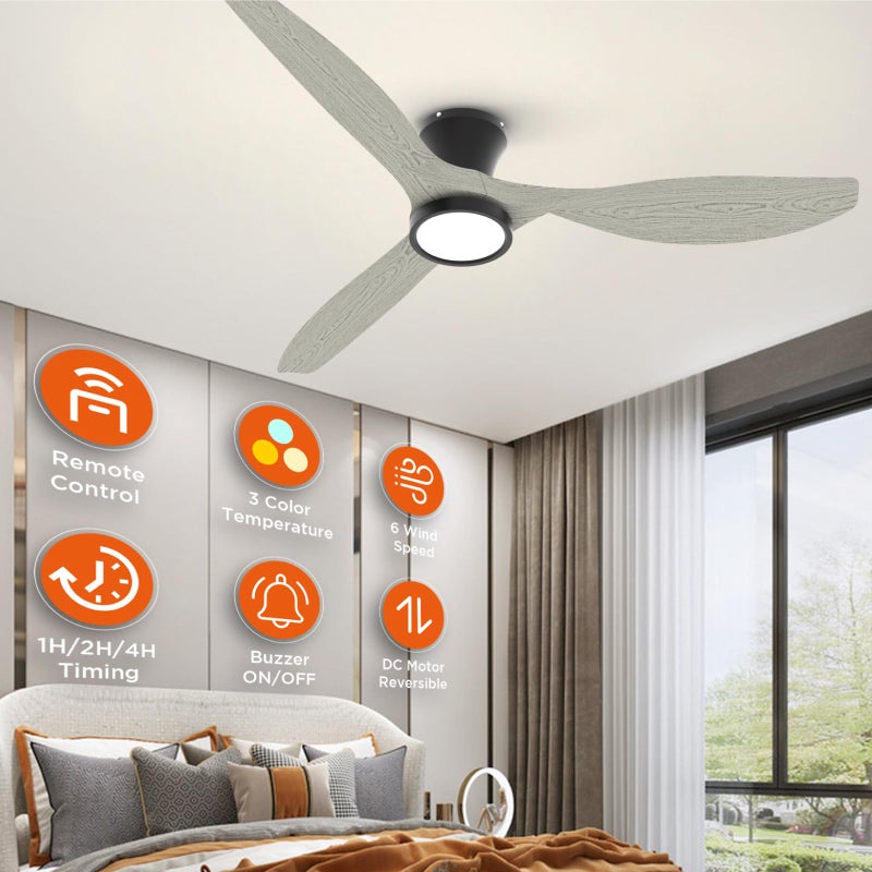 TALOYA 52 Inch Ceiling Fans with Lights Led Remote Control Flush Mount Low Profile for Bedroom Farmhouse Patio Outdoor Living Room Kitchen Dining Room,DC Motor,Reversible,White Oak - Image 2