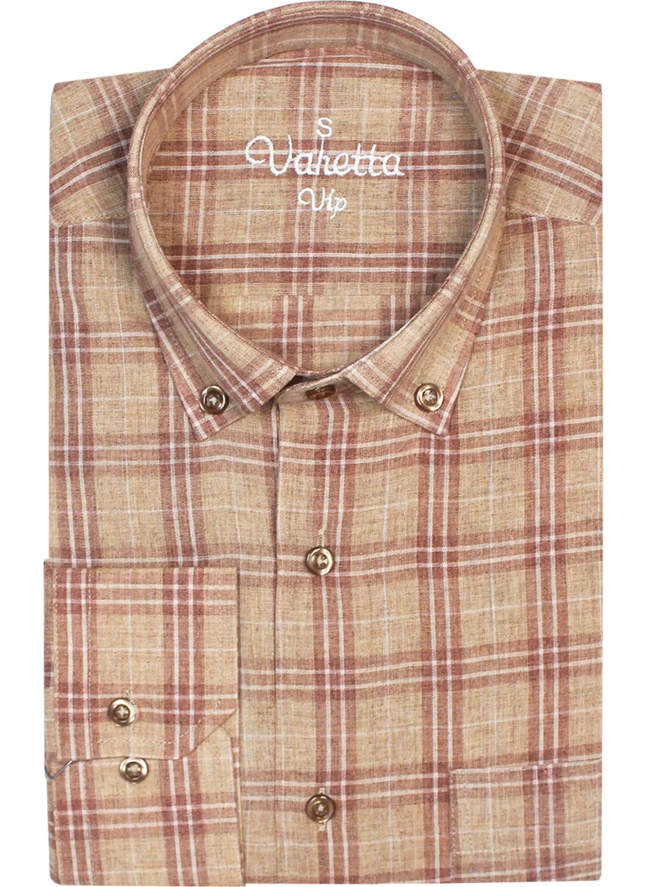 Varetta Classic Cut Buttoned Collar Pocketed Brown Checkered Men's Shirt