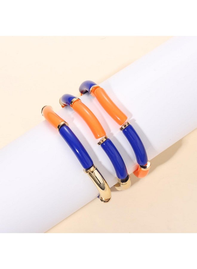 BSJELL 3 Pack Game Day Bracelets For Women Bamboo Tube Bangles Bracelets Chunky Curved Stacking Football Stretch Bracelets Game Day Jewelry Accessories Sports Fan Gifts (Blue Orange) - Image 3