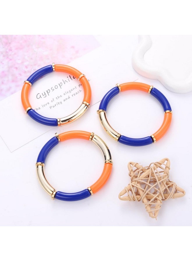 BSJELL 3 Pack Game Day Bracelets For Women Bamboo Tube Bangles Bracelets Chunky Curved Stacking Football Stretch Bracelets Game Day Jewelry Accessories Sports Fan Gifts (Blue Orange) - Image 2
