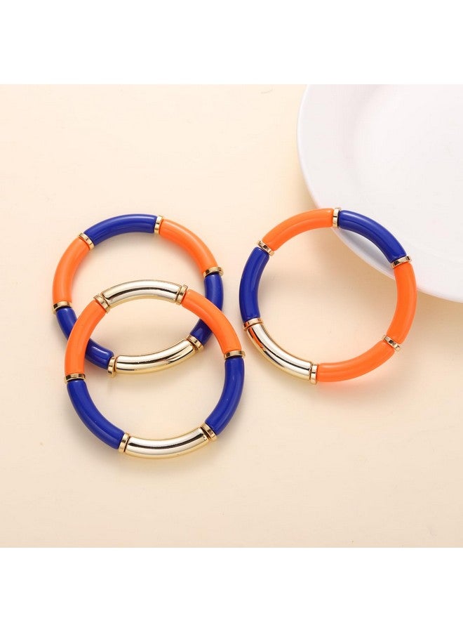 BSJELL 3 Pack Game Day Bracelets For Women Bamboo Tube Bangles Bracelets Chunky Curved Stacking Football Stretch Bracelets Game Day Jewelry Accessories Sports Fan Gifts (Blue Orange) - Image 4