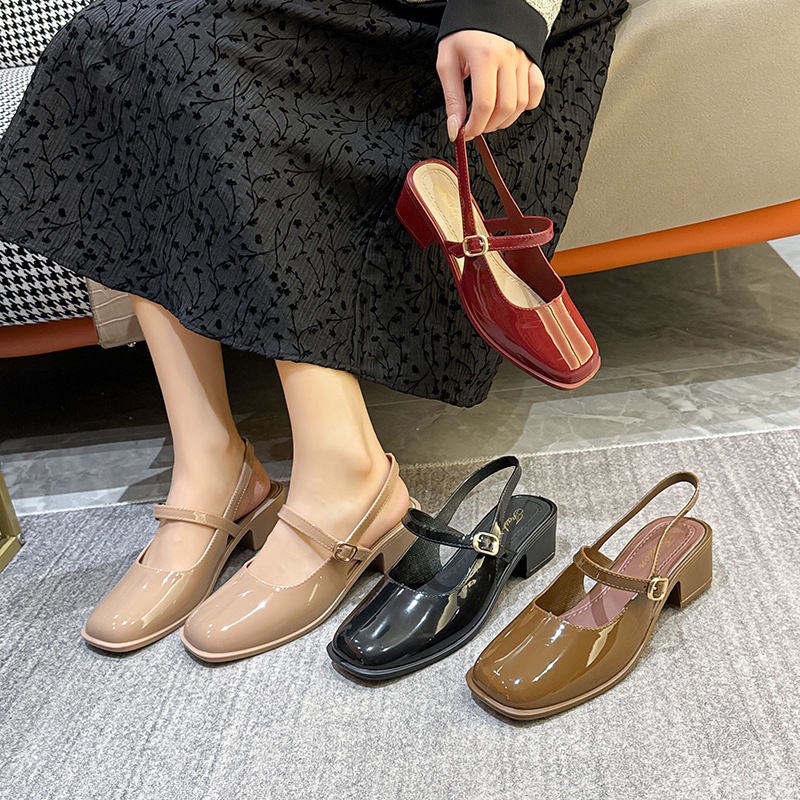 Spring and Summer New Style Mary Jane Sandals for Women, Medium Heel, One-Line Toe, French Women's Shoes, Thick Heel, Square Toe High Heels - Image 2