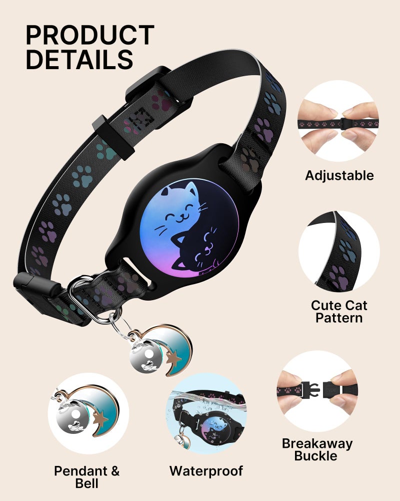 typecase Cat Collar with Airtag Holder, 2 Pack Waterproof Breakaway Kitten Collar for Apple AirTag GPS Tracker, Adjustable Cat Collar with Buckle, Bell & Reflective Pattern for Cats, Kittens, Black (8-11") - Image 3