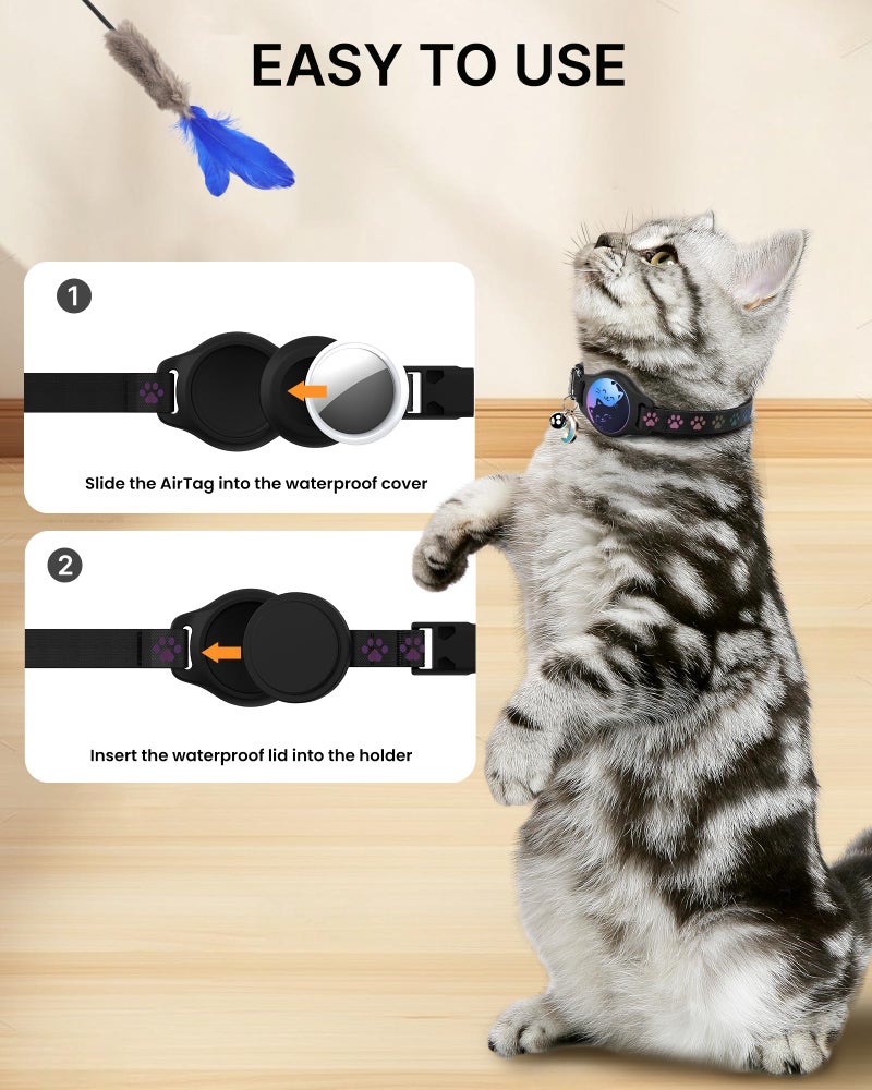 typecase Cat Collar with Airtag Holder, 2 Pack Waterproof Breakaway Kitten Collar for Apple AirTag GPS Tracker, Adjustable Cat Collar with Buckle, Bell & Reflective Pattern for Cats, Kittens, Black (8-11") - Image 4