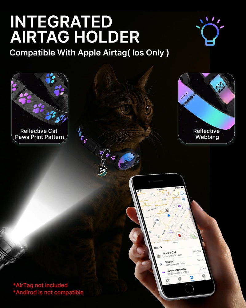 typecase Cat Collar with Airtag Holder, 2 Pack Waterproof Breakaway Kitten Collar for Apple AirTag GPS Tracker, Adjustable Cat Collar with Buckle, Bell & Reflective Pattern for Cats, Kittens, Black (8-11") - Image 2