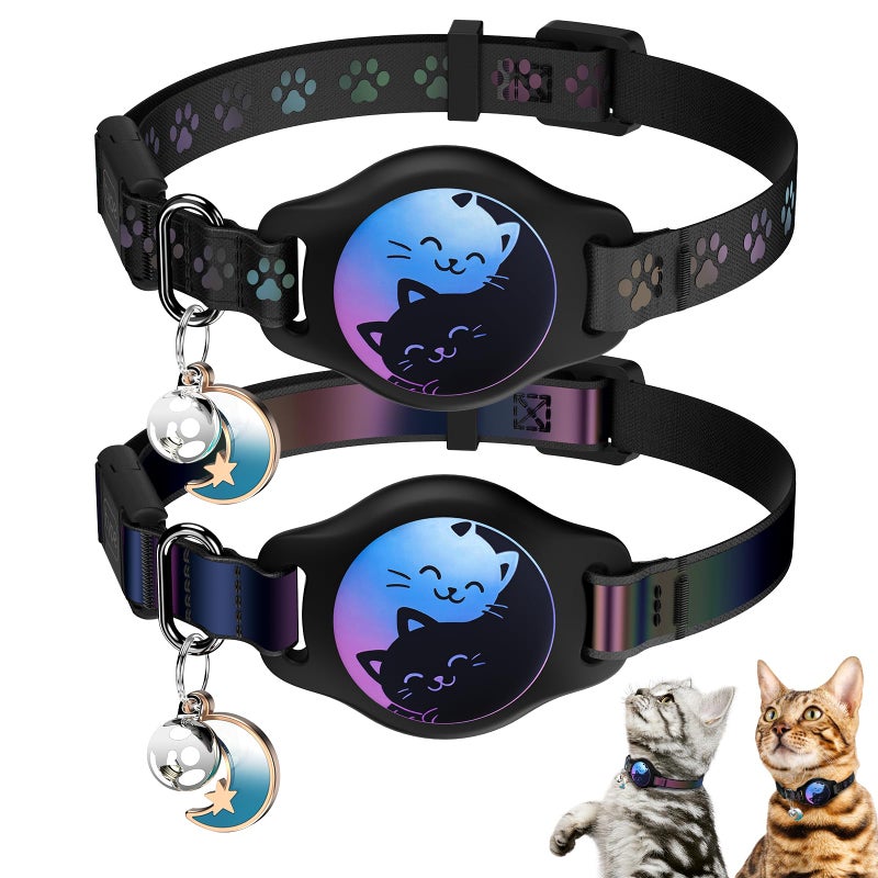 typecase Cat Collar with Airtag Holder, 2 Pack Waterproof Breakaway Kitten Collar for Apple AirTag GPS Tracker, Adjustable Cat Collar with Buckle, Bell & Reflective Pattern for Cats, Kittens, Black (8-11") - Image 1
