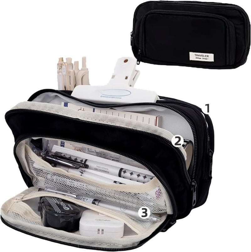 Large capacity pencil case, 3 compartments, big pencil bag, aesthetic simple storage organizer case, stationery, cosmetics for adults, men, women - Image 1