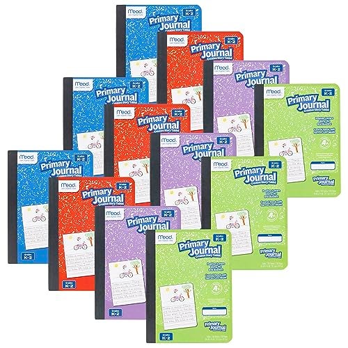 Mead Primary Journal, 12 Pack, Half Page Ruled, Grades K-2, 7-1/2" x 9-3/4", 100 Sheets per Journal, Assorted Colors (610052-ECM) - Image 1