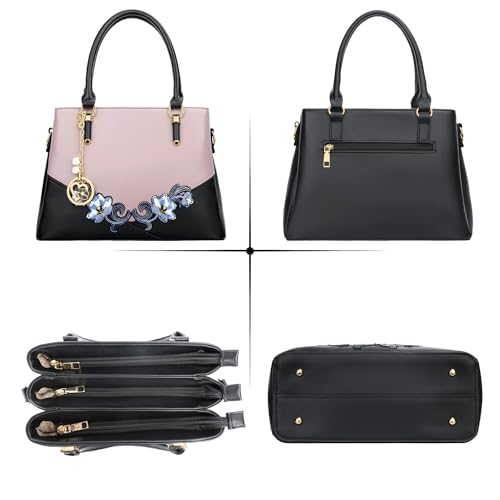 KKXIU 3 Zippered Compartments Purses and Handbags for Women Top Handle Satchel Shoulder Ladies Bags (D-Black Purple Flower) - Image 4