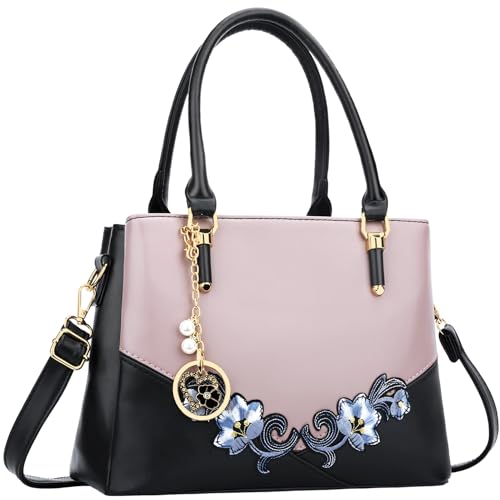 KKXIU 3 Zippered Compartments Purses and Handbags for Women Top Handle Satchel Shoulder Ladies Bags (D-Black Purple Flower) - Image 1