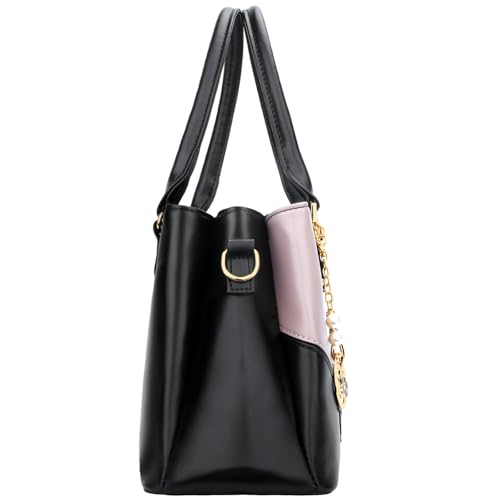 KKXIU 3 Zippered Compartments Purses and Handbags for Women Top Handle Satchel Shoulder Ladies Bags (D-Black Purple Flower) - Image 5