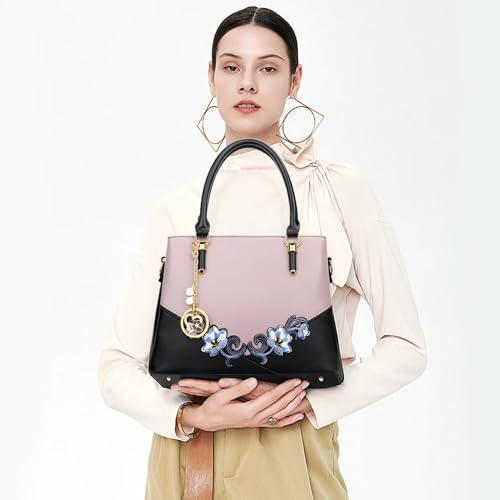 KKXIU 3 Zippered Compartments Purses and Handbags for Women Top Handle Satchel Shoulder Ladies Bags (D-Black Purple Flower) - Image 2