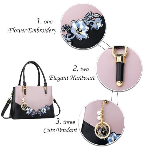 KKXIU 3 Zippered Compartments Purses and Handbags for Women Top Handle Satchel Shoulder Ladies Bags (D-Black Purple Flower) - Image 3