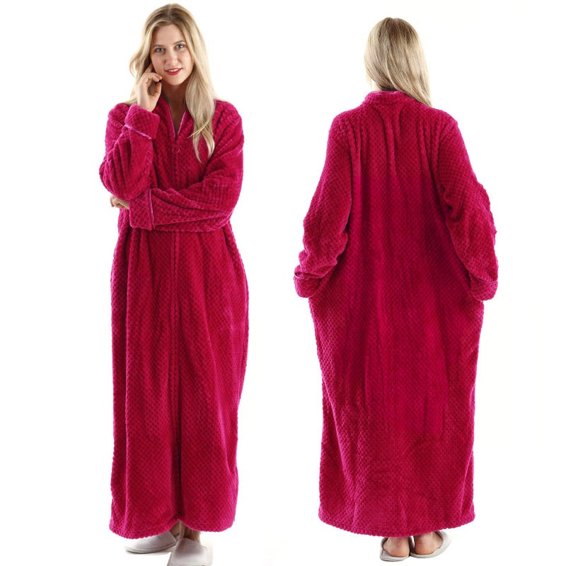 Oksun Womens Fleece Warm Robe: Cozy Flannel Long Zipper Bathrobe - Plush Winter Housecoat Nightgown (Red, Large) - Image 2