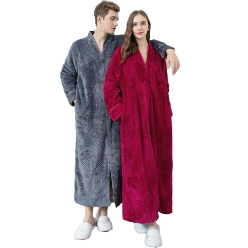 Oksun Womens Fleece Warm Robe: Cozy Flannel Long Zipper Bathrobe - Plush Winter Housecoat Nightgown (Red, Large) - Image 5