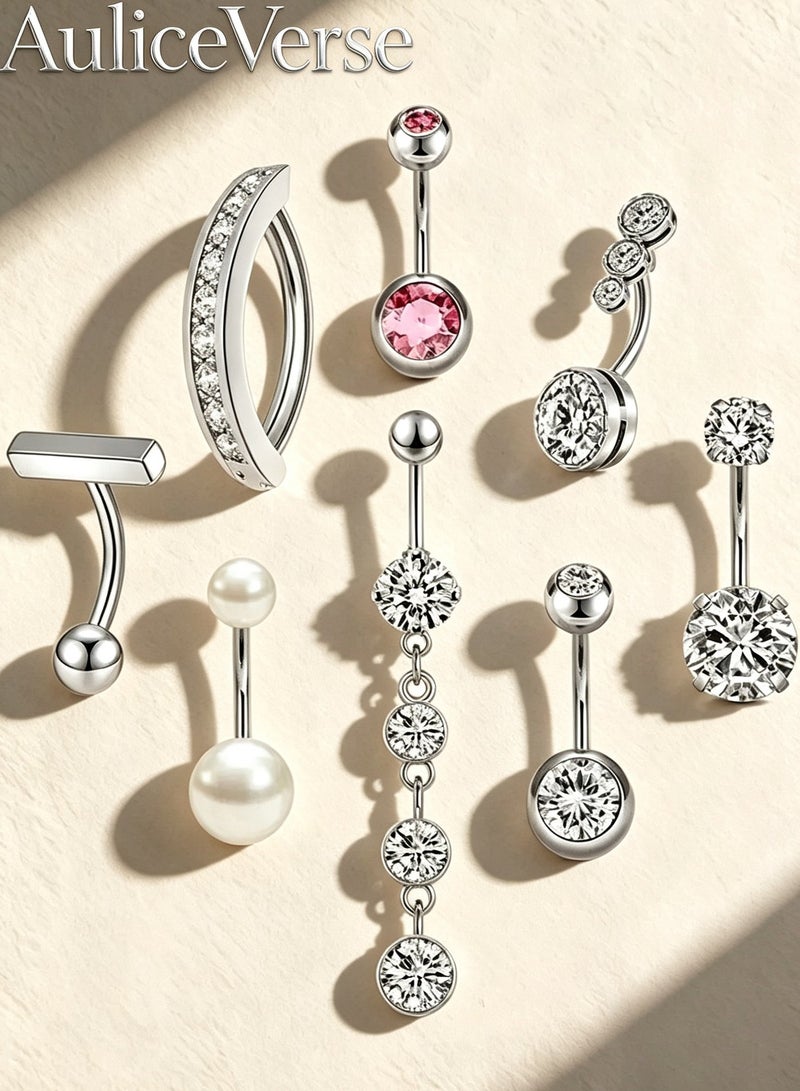 AuliceVerse Belly Piercing Jewelry Set, 8‑Piece Stainless Steel Button Belly Ring for Navel - Image 2