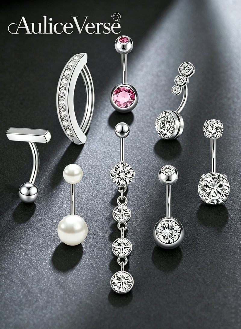 AuliceVerse Belly Piercing Jewelry Set, 8‑Piece Stainless Steel Button Belly Ring for Navel - Image 1