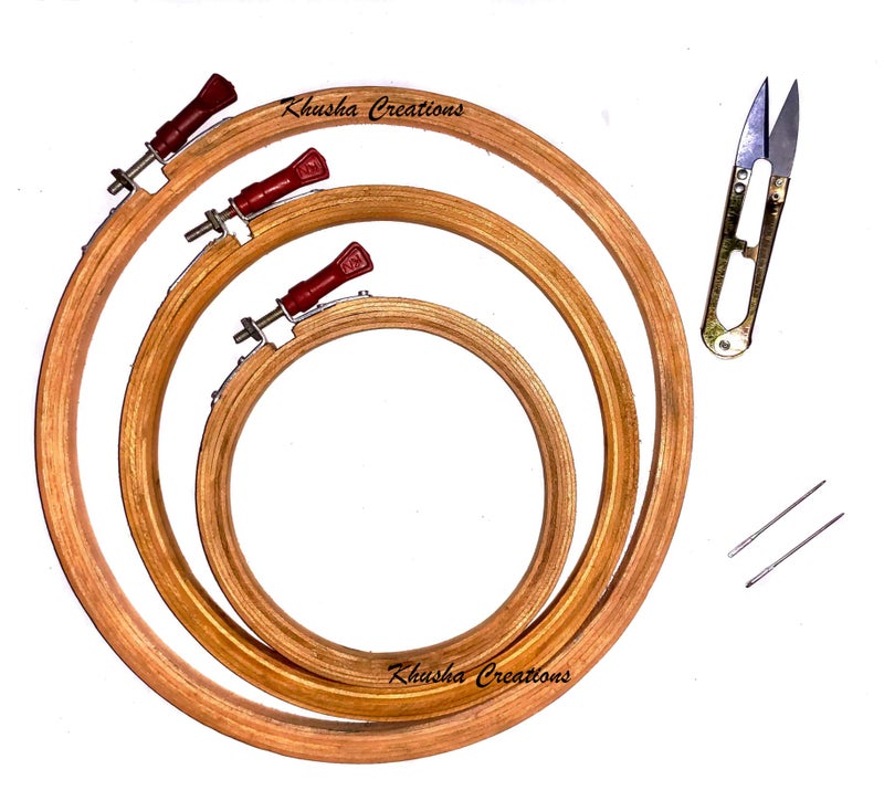 Wooden Fabric Embroidery Hoop Ring Frame Set : Set of 3 pcs (Diameter: 9", 7", 5") with Cutter and Embroidery Needle