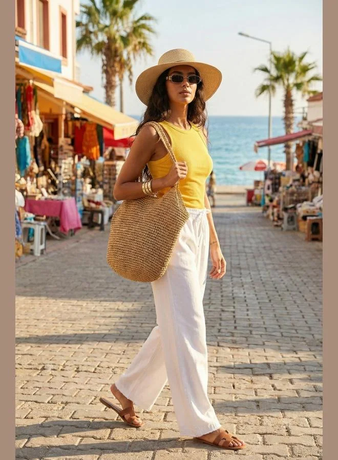 Lela Lela Cotton High-Waisted Wide-Leg Regular Fit Trousers with Belt and Pockets for Women PANTS 668YP4760