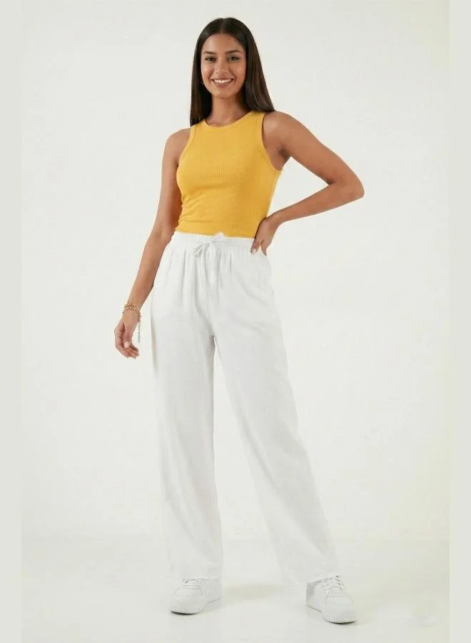 Lela  Lela Cotton High-Waisted Wide-Leg Regular Fit Trousers with Belt and Pockets for Women PANTS 668YP4760 for Women | Best Price UAE