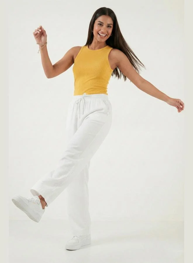 Lela Lela Cotton High-Waisted Wide-Leg Regular Fit Trousers with Belt and Pockets for Women PANTS 668YP4760