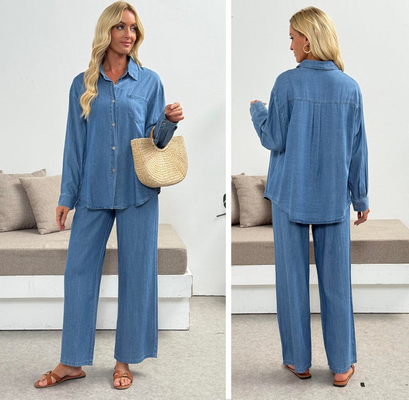 heipeiwa Women's 2 Piece Sets Denim Outfits Lightweight Long Sleeve Button Down Shirts Wide Jean Pant Sets Tracksuit - Image 3