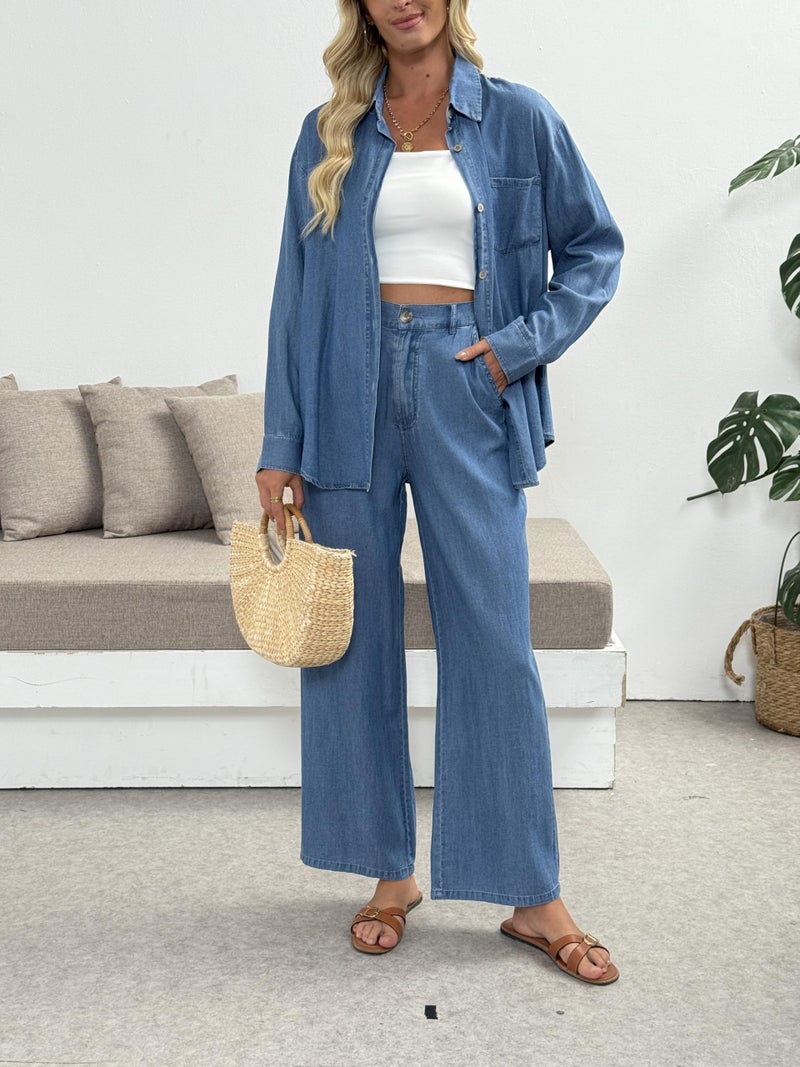 heipeiwa Women's 2 Piece Sets Denim Outfits Lightweight Long Sleeve Button Down Shirts Wide Jean Pant Sets Tracksuit - Image 4