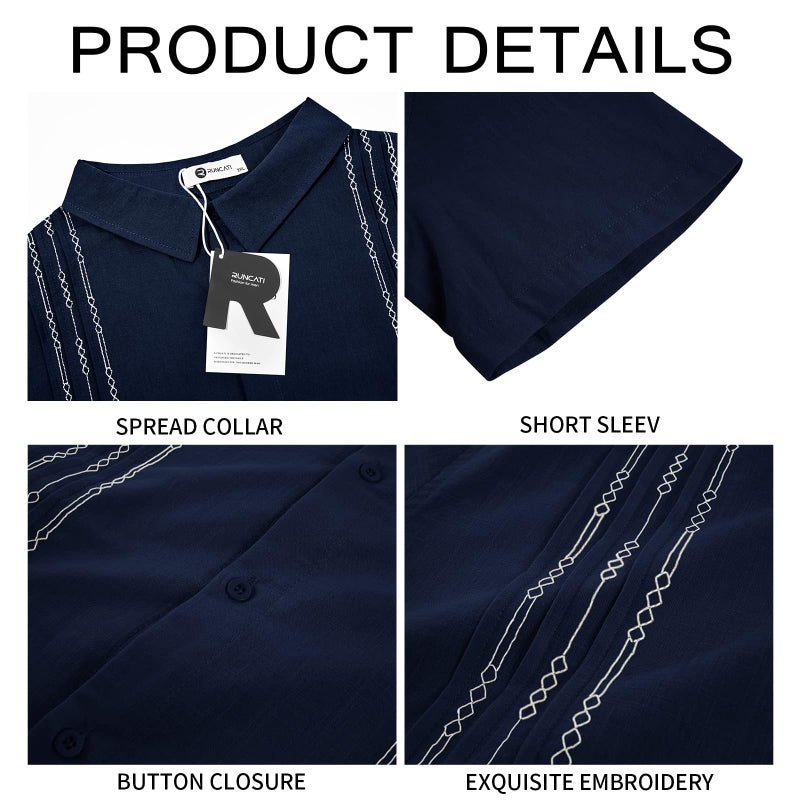 Runcati Mens Short Sleeve Guayabera Shirts Linen Cotton Button Down Mexican Embroidered Cuban Wedding Shirt Summer Beach Tops - Image 5