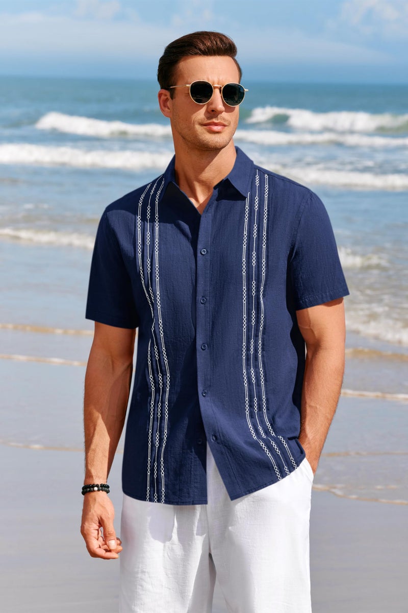 Runcati Mens Short Sleeve Guayabera Shirts Linen Cotton Button Down Mexican Embroidered Cuban Wedding Shirt Summer Beach Tops - Image 3
