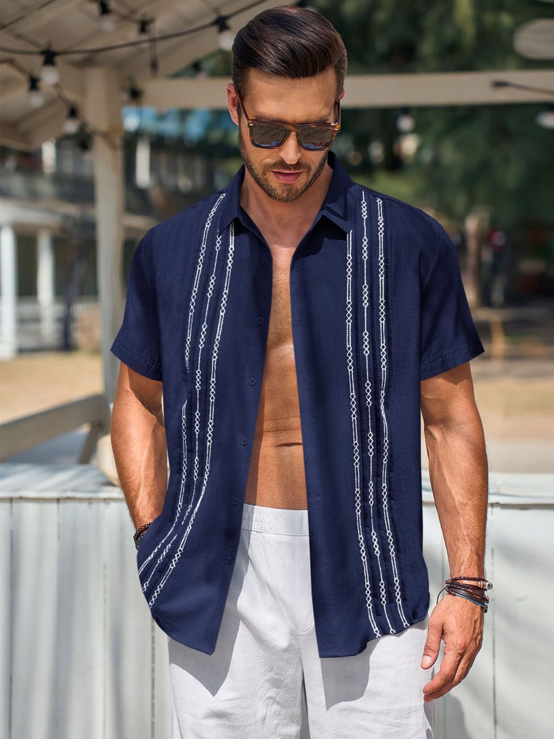 Runcati Mens Short Sleeve Guayabera Shirts Linen Cotton Button Down Mexican Embroidered Cuban Wedding Shirt Summer Beach Tops - Image 2