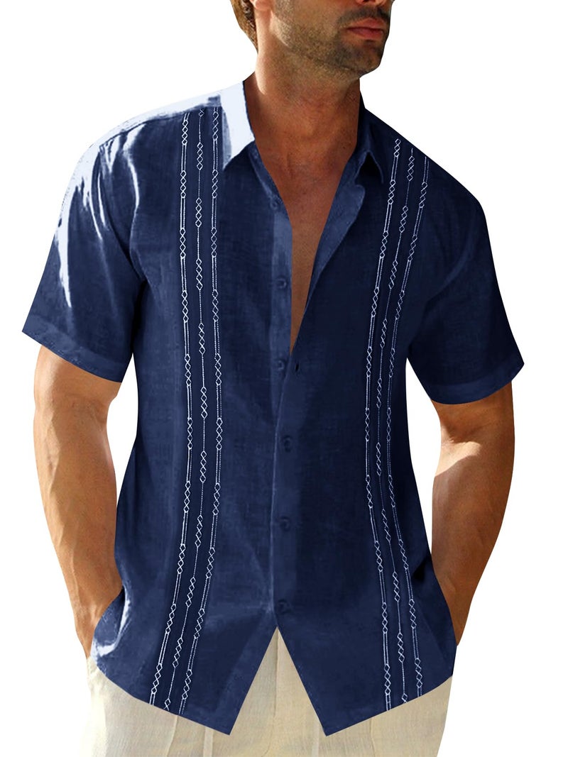 Runcati Mens Short Sleeve Guayabera Shirts Linen Cotton Button Down Mexican Embroidered Cuban Wedding Shirt Summer Beach Tops - Image 1