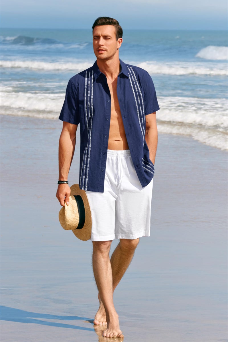 Runcati Mens Short Sleeve Guayabera Shirts Linen Cotton Button Down Mexican Embroidered Cuban Wedding Shirt Summer Beach Tops - Image 4