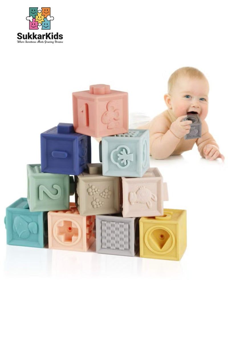 SukkarKids Baby Blocks Soft Building Blocks Teethers Toy Educational Squeeze Play with Numbers Animals Shapes Textures - Sensory Montessori Toys Toddler Activities - Gifts for Boy Girl 6 9 12 18 Months 1 2 3 Year Old Birthday  - Image 1