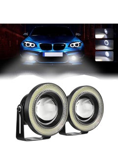 Car Eye Fog Light, 2PCS Universal Round Cob LED Fog Light, Super Bright with White Halo Eye Rings Headlight, Car Daytime Running Light Drl Driving Light Fog Light Bulb(White)