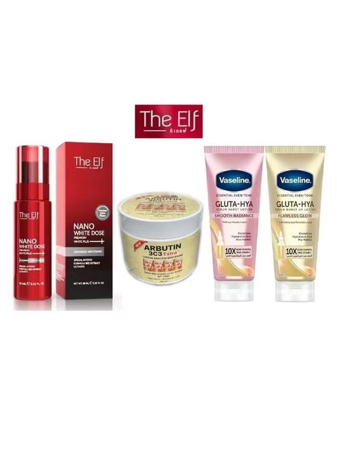The Elf Nano White Dose Premium White Plus Serum 60ml & Arbutin 3C3 Extra Arbutin Whitening 300gm & Gluta-Hya Serum Burst Lotion Smooth Radiance - Gluta-Hya Serum Burst Lotion (Smooth Radiance / Flawless Glow) - Set