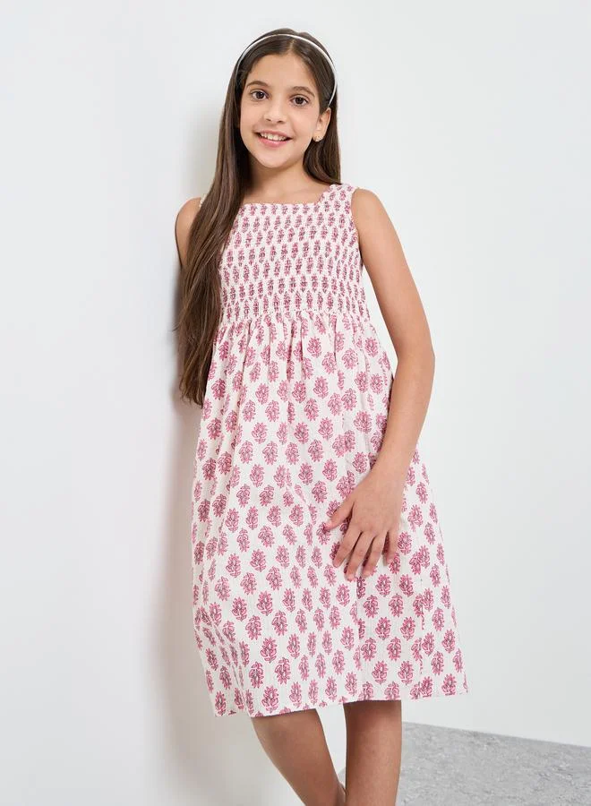 Styli Teen Girls All Over Print Square Neck Dress