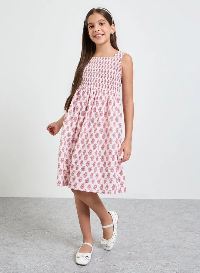 Styli Teen Girls All Over Print Square Neck Dress