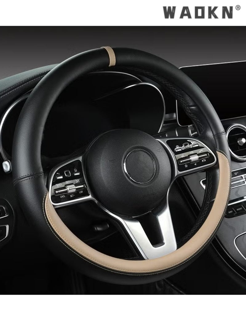 WAOKN New Nappa Leather Car Steering Wheel Cover, Two-Tone Sport Style O-Type Universal 15 Inch Comfortable Non-Slip Wear-Resistant Protector, All Season Car Interior Accessories Fit for Most Cars Trucks SUVs（ Beige&black） - Image 1