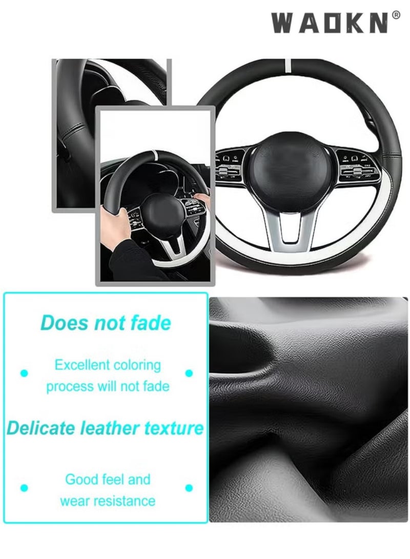 WAOKN New Nappa Leather Car Steering Wheel Cover, Two-Tone Sport Style O-Type Universal 15 Inch Comfortable Non-Slip Wear-Resistant Protector, All Season Car Interior Accessories Fit for Most Cars Trucks SUVs（ Beige&black） - Image 4