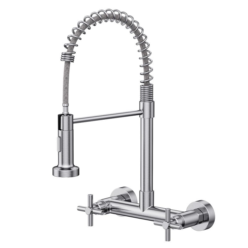 Hurran Wall Mount Kitchen Faucet, Hurran Brushed Nickel Kitchen Sink Faucet, 8 Inch 2 Handle Wall Mount Commercial Sink Faucet with Pull Down Sprayer for Kitchen Laundry Room Restaurant - Image 1