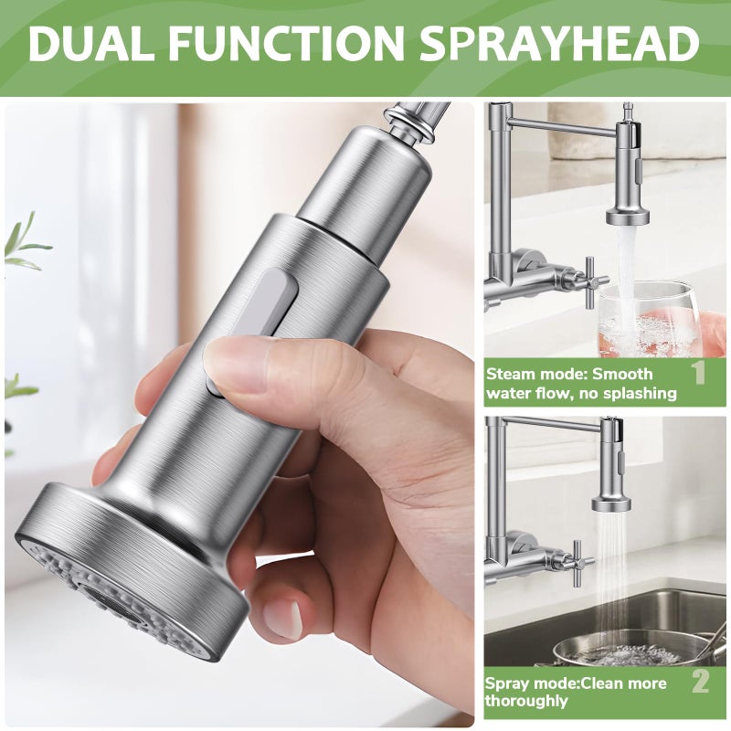 Hurran Wall Mount Kitchen Faucet, Hurran Brushed Nickel Kitchen Sink Faucet, 8 Inch 2 Handle Wall Mount Commercial Sink Faucet with Pull Down Sprayer for Kitchen Laundry Room Restaurant - Image 3
