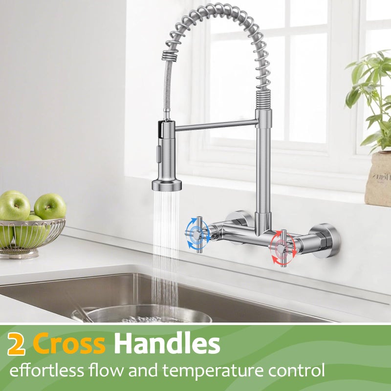 Hurran Wall Mount Kitchen Faucet, Hurran Brushed Nickel Kitchen Sink Faucet, 8 Inch 2 Handle Wall Mount Commercial Sink Faucet with Pull Down Sprayer for Kitchen Laundry Room Restaurant - Image 5
