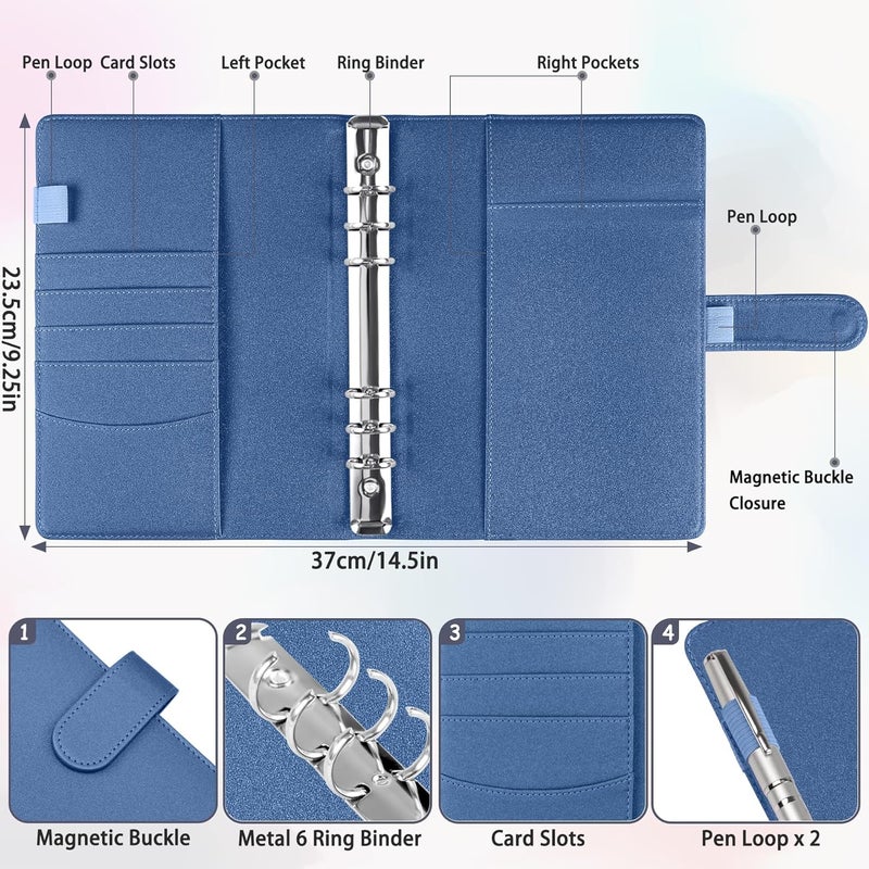Antner A5 Binder 6 Ring Refillable Notebook Budget Planner Cover for Cash Organizer, PU Leather Loose Leaf Kpop Photocard Holder Small Binder for A5 Planner Inserts with Magnetic Buckle, Glitter Blue - Image 3