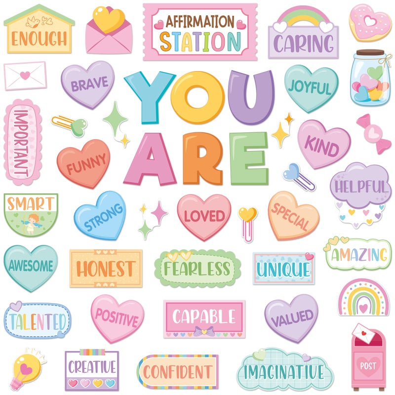 Weekgrat 45pcs Valentines Affirmation Station Bulletin Board Set Motivational Posters Classroom Mirror Growth Mindset Decor Positive Affirmations Accents Cutouts for School Office Home Teacher Wall - Image 1