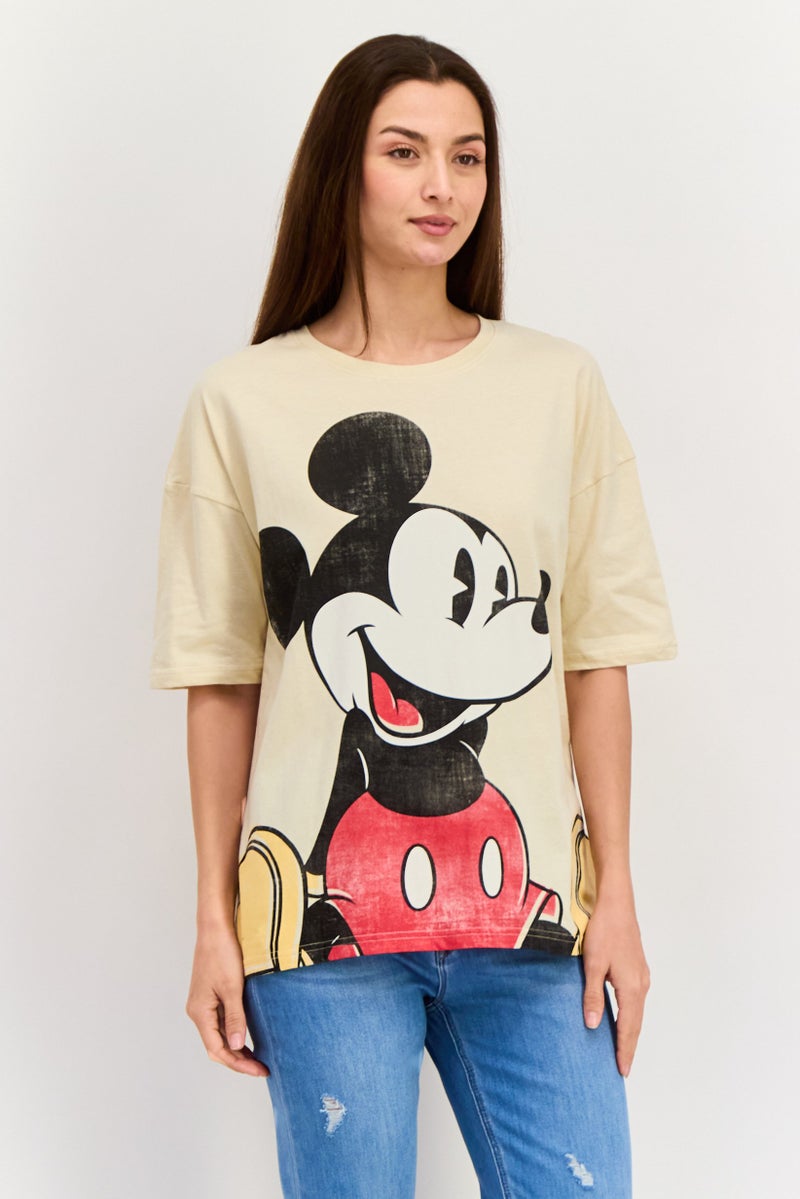 Disney Women Crew Neck Micky Mouse Print Top, Beige - Image 1
